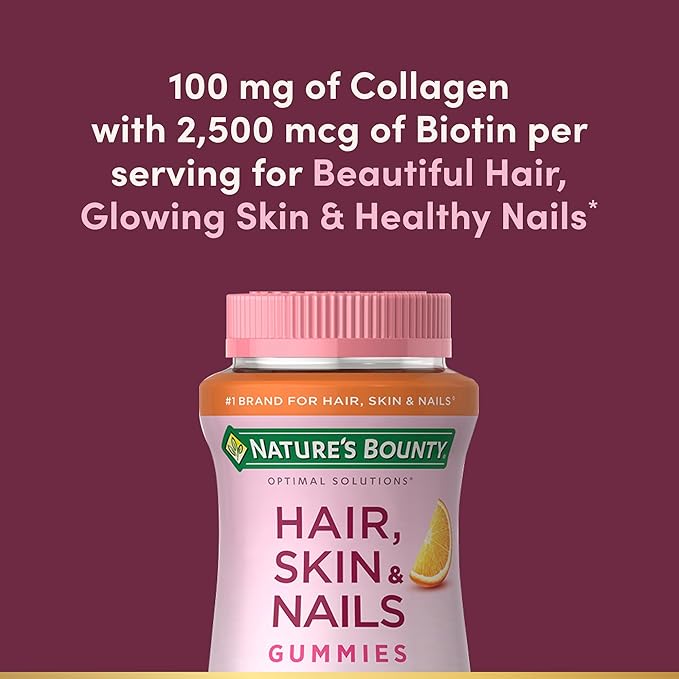 Nature's Bounty Hair, Skin & Nails with Biotin and Collagen, Citrus-Flavored Gummies Vitamin Supplement, Supports Hair, Skin, and Nail Health for Women, 2500 mcg, 80 Ct (2 Pack), 80 Total Servings