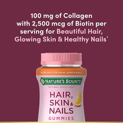 Nature's Bounty Hair, Skin & Nails with Biotin and Collagen, Citrus-Flavored Gummies Vitamin Supplement, Supports Hair, Skin, and Nail Health for Women, 2500 mcg, 80 Ct (2 Pack), 80 Total Servings