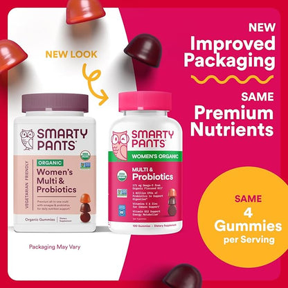 SmartyPants Organic Women's Multivitamin Gummies: Biotin, Probiotics, Methylfolate, Omega 3 (ALA), Vitamin D3, C, Vitamin B12, B6, A, K & Zinc, Inositol, Gluten Free, 120 Count (30 Day Supply)