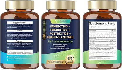 Totaria 5-in-1 Probiotic Prebiotic & Postbiotic for Women Men, 60 Billion CFU 24 Strains w/Digestive Enzymes, Prebiotic Fiber, Slippery Elm, Daily Complete Immune, Gut Health, 120 Day Supply