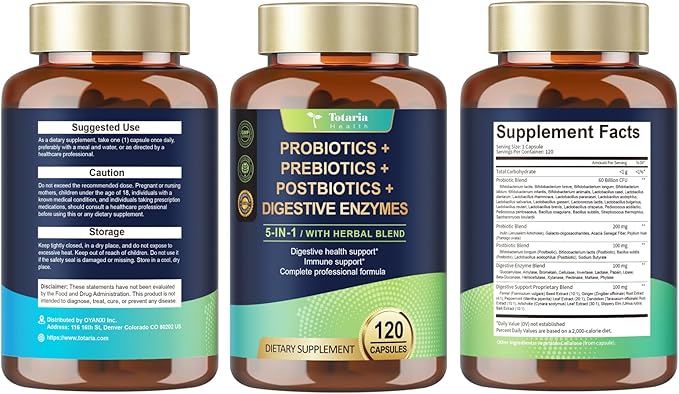 Totaria (2 Packs) 5-in-1 Probiotic Prebiotic & Postbiotic for Women Men, 60 Billion CFU 24 Strains w/Digestive Enzymes, Slippery Elm, Daily Complete Gut Health, Digestive & Immune Support