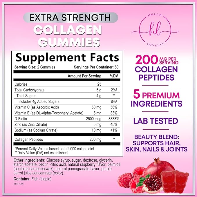 Collagen Peptides Gummies - 2500 mcg D-Biotin Per Serving - Hydrolyzed Protein Type I & III Multi Collagen Supplement with Vitamin C & Zinc - Support for Hair, Skin, Nails, Berry Flavor - 120 Gummies