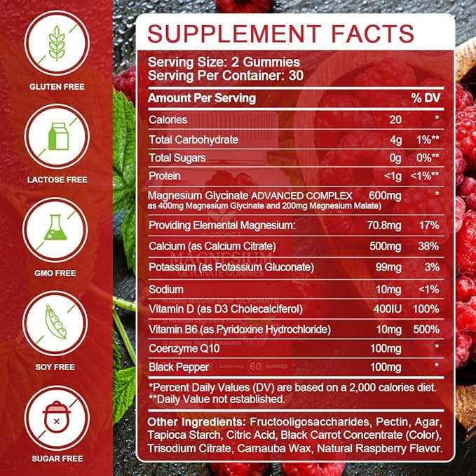 Magnesium Glycinate Gummies - 400mg Magnesium Glycinate Gummy with Vitamin D, B6, and CoQ10, Magnesium Supplement for Relaxation and Cognition, Sugar Free - 60 Raspberry Gummies (2 Pack)