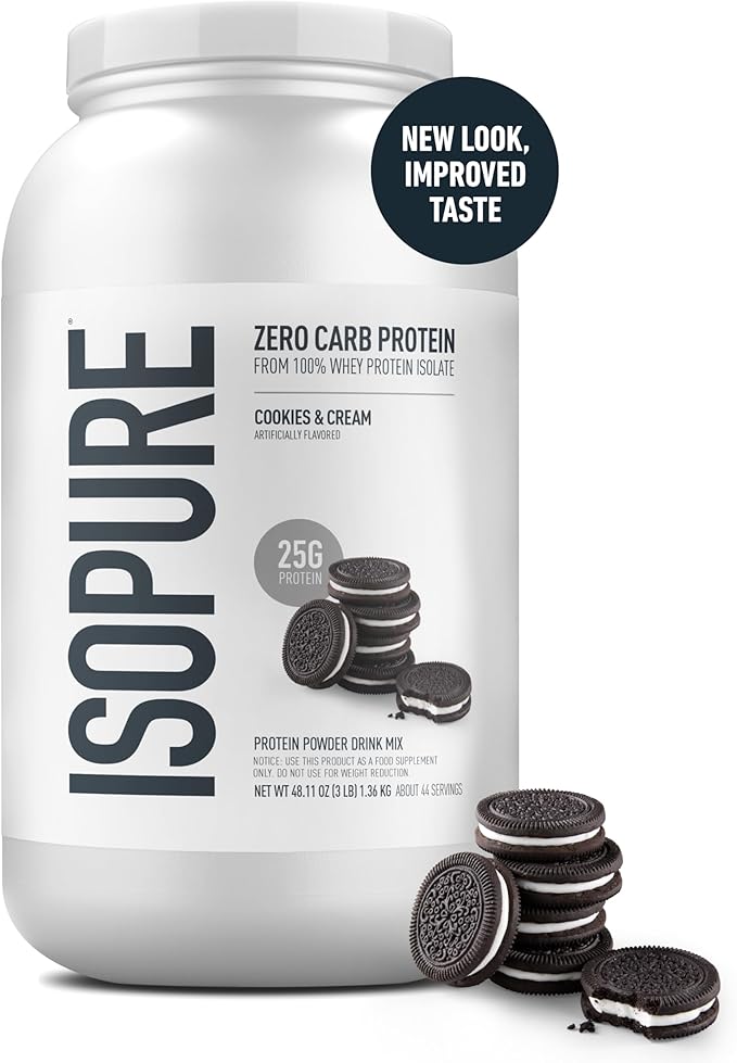 Isopure Zero Carb 100% Pure Whey Isolate Protein Powder, Gluten Free, With Vitamins, Cookies & Cream, 25g Protein Per Serving, 3 Pounds, 44 Servings (Packaging May Vary)