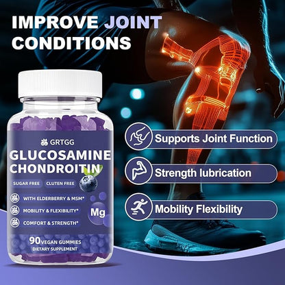 Glucosamine Chondroitin Gummies with MSM & Elderberry Extra Strength 3000MG - Joint Support, Antioxidant Immune Support Supplement for Adults, Men & Women - 90 Blueberry Gummies