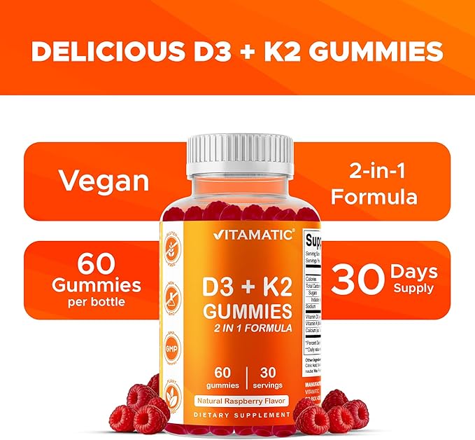 Vitamatic Vitamin D3 & K2 Gummies (2-Pack, 60 Count) Supports Healthy Bones, Heart Health, Calcium Absorption, and Immune Function Plant-Based, Non-GMO, Gluten-Free