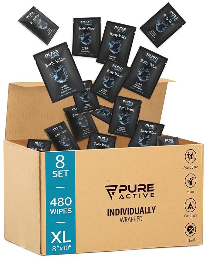 Shower Body Wipes, 480 Individually Wrapped Personal Hygiene Body Cleansing Wipes for Women and Men, Keep Clean After Gym Travel Camping Outdoors Sports