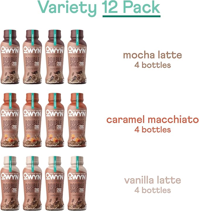 OWYN Only What You Need Double Shot Mocha Latte, Vanilla Latte and Caramel Macchiato Flavored Protein Shake, 20g Protein, 0g Sugar, 3g Fiber, 180mg Caffeine, Dairy Free, Plant Based Protein, 12 CT