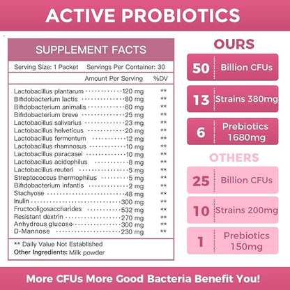NATURE TARGET Probiotics for Women Probiotic Powder - 50 Billion CFUs, 13 Strains Supports for Digestive Vaginal Health, Bloating Relief, 30 Stick Packs