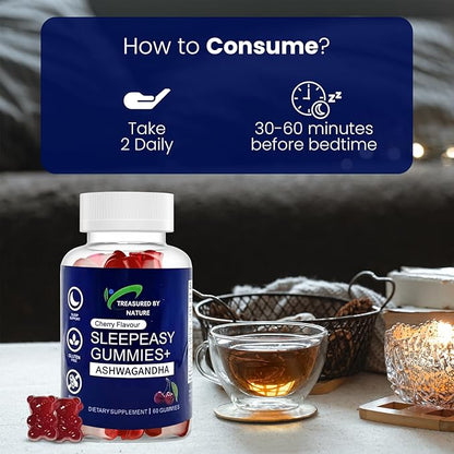 Sleep Easy Gummies Melatonin Free Nighttime Relaxation Aid with Ashwagandha, Magnesium Citrate & L-Theanine Calming Stress Relief Supplement | Gluten-Free | Non-Habit Forming