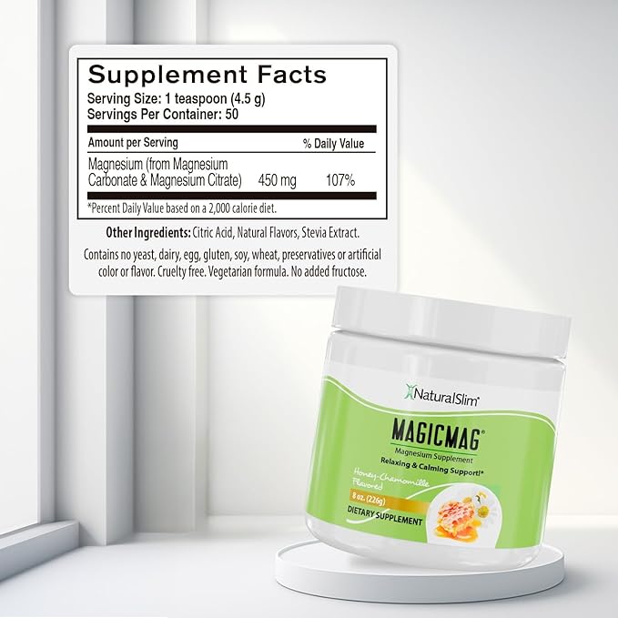NaturalSlim MagicMag Magnesium Citrate Powder Drink for Relaxation, Stress, Constipation, Better Rest & Digestive Health, Magnesium Supplement for Women and Men, Honey Chamomile 8oz