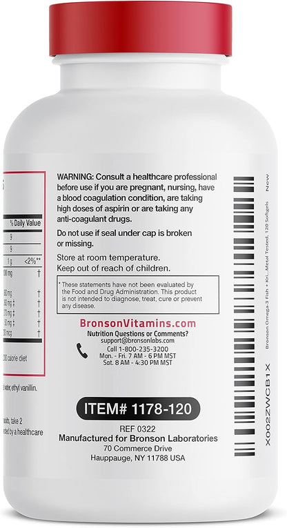 Bronson Omega-3 Fish + Krill Oil 1000 MG EPA DHA Astaxanthin Premium Blend - Joint, Brain & Eye Health - Non GMO, Heavy Metal Tested, 120 Softgels
