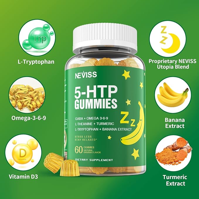 1Pack 5-HTP 400MG Gummies + GABA - Melatonin Free - Relaxation Gummies with Banana Extract, L-Theanine, Turmeric, L-Tryptophan, Vitamin D3 for Healthy Rest Cycle,Circadian Rhythm, Brain & Muscle Relax