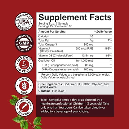 Icelandic Cod Liver Oil Softgels - Wild Caught Omega 3 Fish Oil 1000mg per serving - Sustainably Sourced Burpless Fish Supplement with Vitamin D3 & A for Heart Joint Brain & Immune Support - 180 Count
