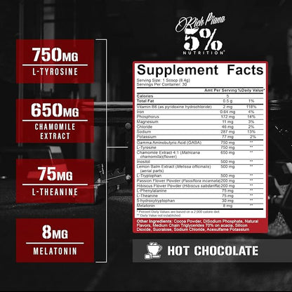 5% Nutrition Rich Piana Knocked Out Natural Sleep Aid | Post-Workout Recovery & Deep Sleep Supplement | GABA, Melatonin, Chamomile, Tyrosine, 5-HTP, & More | 8.4 oz, 30 Servings (Hot Chocolate)