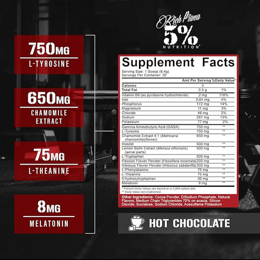 5% Nutrition Rich Piana Knocked Out Natural Sleep Aid | Post-Workout Recovery & Deep Sleep Supplement | GABA, Melatonin, Chamomile, Tyrosine, 5-HTP, & More | 8.4 oz, 30 Servings (Hot Chocolate)