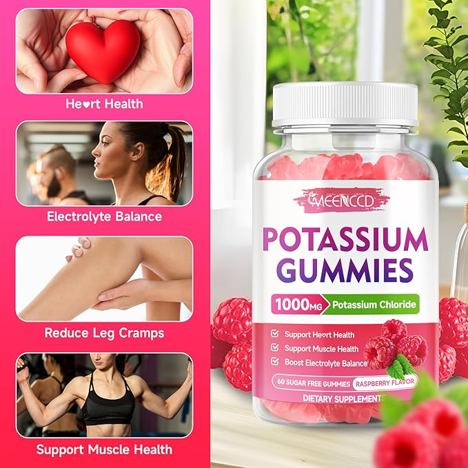 Potassium Gummies, Potassium Chloride for Adults, Sugar-Free Potassium Supplement Gummies Support Electrolyte Balance for Women & Men, Raspberry Flavor, 60 Count