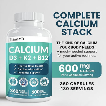 4-in-1 Calcium Supplements for Women and Men - Calcium with Vitamin D3 K2 5000 IU Supplement, 601mg per Serving for Heart, Bones & Body Defenses - Gluten-Free, Vegan-Friendly (360 ct) (Pack of 1)