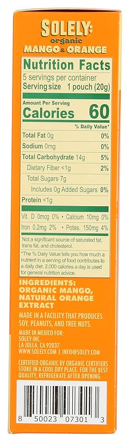 SOLELY - Organic Mango & Orange Whole Fruit Gummies (Pack of 2 Box, 5 Bags per Box) - Real Fresh Fruit - Healthy Snacks for Adults & Kids - Non GMO, Vegan Snacks, Shelf Stable - 5 Bags (3.5 oz)