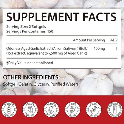 Garlic Softgels 300 Count – Odor-Controlled Garlic Supplement – Traditional Herbal Support –Take it Directly and Swallow itWhole - Easy to Swallow Softgel Capsules – Non-GMO, Gluten Free