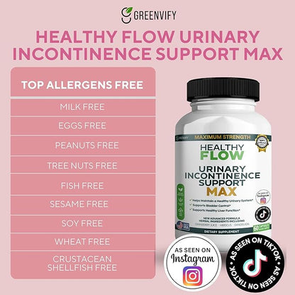 Healthy Flow Urinary Incontinence Support Max, 60 Veggie Capsules, Cranberry Juice Hibiscus Dandelion Formula, 30 Day Supply (5)