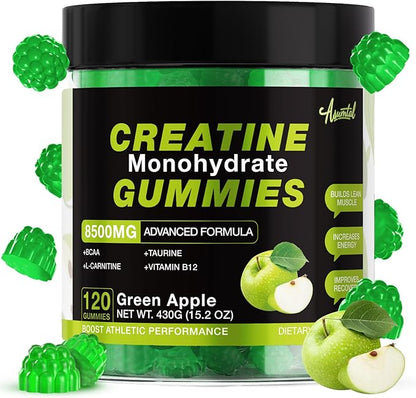 Creatine Monohydrate Gummies 8500MG for Men & Women - Creatine Gummies Sugar Free Pre Workout, Promote Muscle Growth, Boost Strength & Energy, 120 Count Green Apple