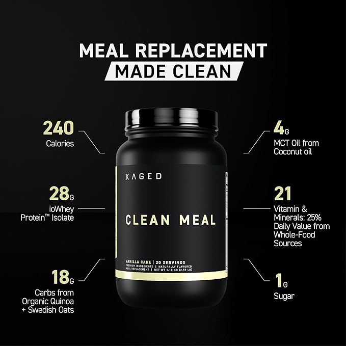 Kaged Clean Meal Powder | Vanilla Cake | Meal Replacement Shake | Whey Protein Isolate | Clean Carbs, MCT Oil Fats, Organic Vitamins and Minerals | Supplements for Men & Women | 20 Servings