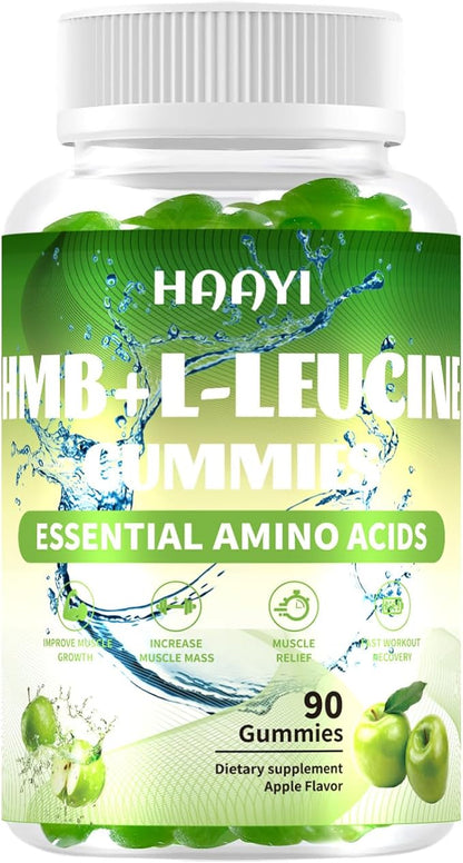 HMB and L-Leucine Gummies, 3000mg,Sugar Free,HMB Supplements for Men&Women with Trehalose, for Muscle Growth, Muscle Relief and Workout Recovery, Apple Flavor, 90 Gummies