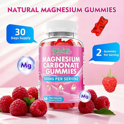 2 Pack Magnesium Carbonate 500mg Gummies, High Absorption Magnesium Supplement for Adults - Support Muscle Function, Vegan, Sugar Free, Raspberry Flavor, 120 Count
