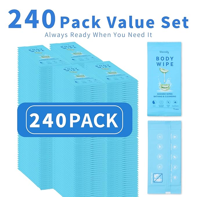 240 Pcs Body Wipes Individually Wrapped (9.29" x 8"), Large Shower Wipes for Adults Bathing No Rinse, Portable Personal Cleansing for Gym, Camping, Hiking, Backpacking,Bulk Homeless Supplies