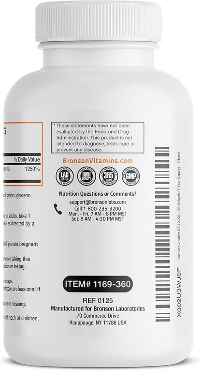 Bronson Vitamin D3 10,000 IU (250 mcg) High Potency - Supports Healthy Immune System, Strong Bones, Muscles & Teeth - Non GMO, 360 Softgels