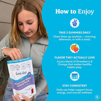 First Day Teens’ Nighttime Reset Calming Magnesium Gummies – Sleep Aid Supports Peaceful Rest, Balanced Mood & Energy – Supplement with Magnesium Citrate, Affron & No Melatonin – 30-Day Supply