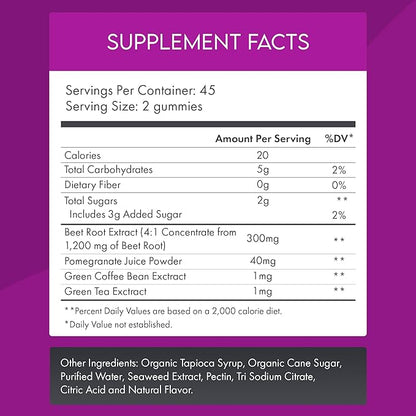 Beetroot with Pomegranate Gummies – Nitric Oxide Booster & Blood Pressure Support – Cherry Pomegranate Flavor – Vegan, Gelatin-Free, Pectin-Based – 90 Ct
