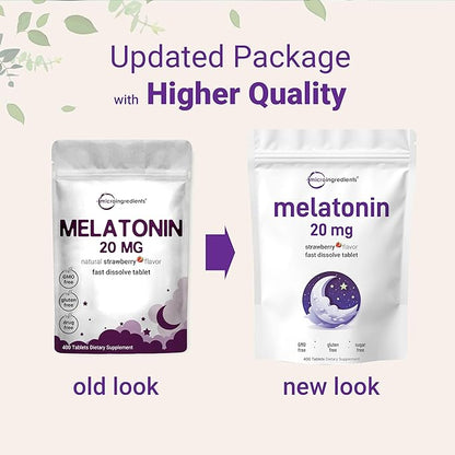 Micro Ingredients Melatonin 20mg, 400 Tablets | Natural Strawberry Flavor | Fast Dissolve | No Drug | Vegetarian Friendly | Non-GMO, No Gluten, Sugar Free