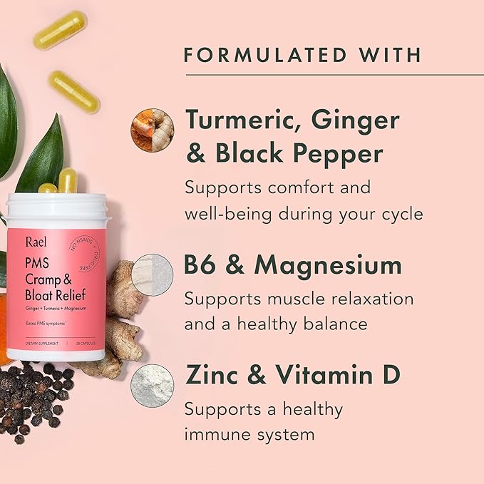 Rael PMS Supplement, Hormone Balance for Women, Relief from Menstrual Cramps with Turmeric, Ginger, Magnesium (28 Capsules)