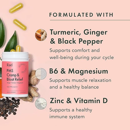Rael PMS Supplement, Hormone Balance for Women, Relief from Menstrual Cramps with Turmeric, Ginger, Magnesium (28 Capsules)