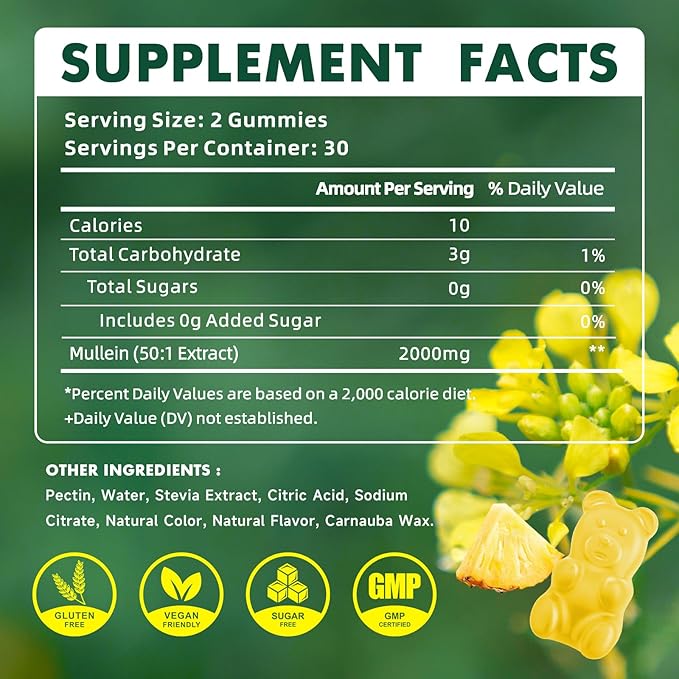 softbear 2PCS Mullein Gummies for Lungs, 2000mg Mullein Leaf Extract Supplement for Respiratory & Digestive & Immune Support, Organic, Vegan, Sugr-Free, Pieneapple Flavor 120 Count