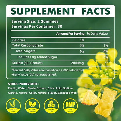 softbear 2PCS Mullein Gummies for Lungs, 2000mg Mullein Leaf Extract Supplement for Respiratory & Digestive & Immune Support, Organic, Vegan, Sugr-Free, Pieneapple Flavor 120 Count