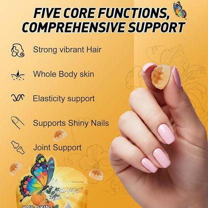 BUTTERFLY'S TEAR Hair, Skin & Nails Gummies | 26-in-1 Biotin 10,000mcg & Collagen Complex | Pineapple Flavor, 300 Count