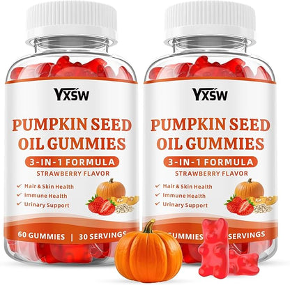 Pumpkin Seed Oil Gummies with Saw Palmetto, Organic Pumpkin Seed Oil Supplement for Hair Growth & Skin Health, Prostate Health, High Pure Extract for Women Men, Strawberry Flavor, 120 Count