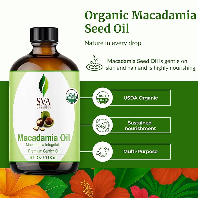 SVA Macadamia Seed Oil Organic - 4 Fl Oz – 100% Natural Cold Pressed Organic Macadamia Oil - for Face, Skin Care, Hair Care, Scalp Massage & Body Massage – Carrier Oil with Dropper