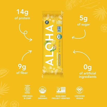 ALOHA Organic Plant Based Protein Bars - Lemon Cashew - 12-Count - Vegan, Low Sugar, Gluten-Free, Paleo, Low Carb, Non-GMO, No Stevia & No Erythritol