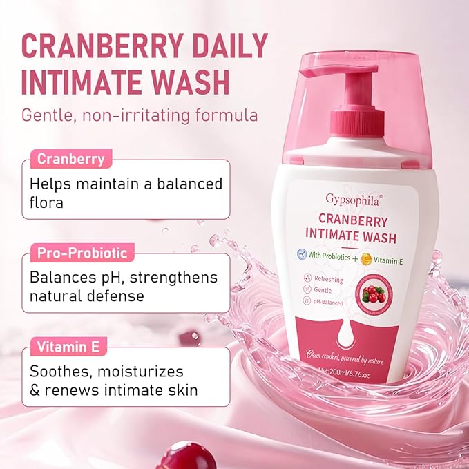 Cranberry Feminine Wash For Intimate Area Hygiene,pH Balance and Vitamin E for Vaginal wash,Non-Irritating,6.76 Fl Oz