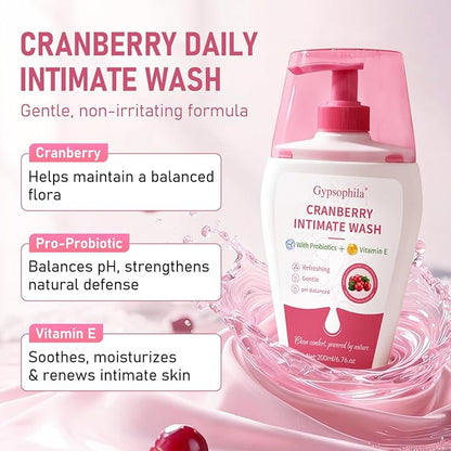 Cranberry Feminine Wash For Intimate Area Hygiene,pH Balance and Vitamin E for Vaginal wash,Non-Irritating,6.76 Fl Oz