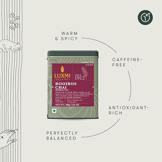 Luxmi Estates - Rooibos Chai - Rooibos Tea with Spices - Loose Leaf - 100g, 3.52 Oz (50 Cups), Limited Fall Tea with Cinnamon, Cardamom and Clove, Perfect for Relaxation