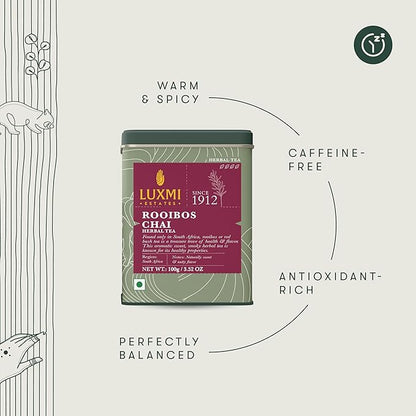 Luxmi Estates - Rooibos Chai - Rooibos Tea with Spices - Loose Leaf - 100g, 3.52 Oz (50 Cups), Limited Fall Tea with Cinnamon, Cardamom and Clove, Perfect for Relaxation