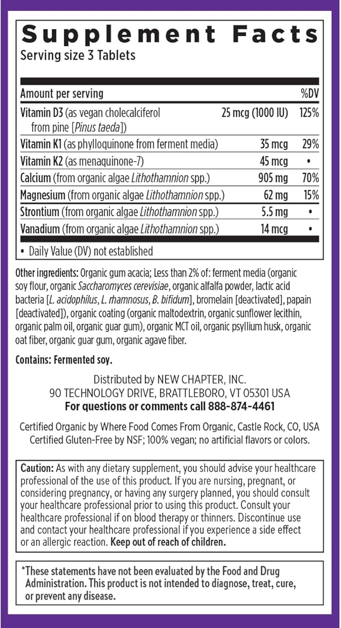 New Chapter Calcium Supplement - Bone Strength Plant-Based USDA Organic Calcium with Magnesium, Vitamin D3+K2, for Bone Health & Joint Mobility, Heart Support, 905 mg dose - 180 Slim Tablets