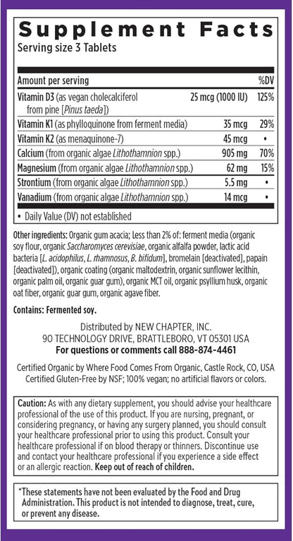 New Chapter Calcium Supplement - Bone Strength Plant-Based USDA Organic Calcium with Magnesium, Vitamin D3+K2, for Bone Health & Joint Mobility, Heart Support, 905 mg dose - 180 Slim Tablets