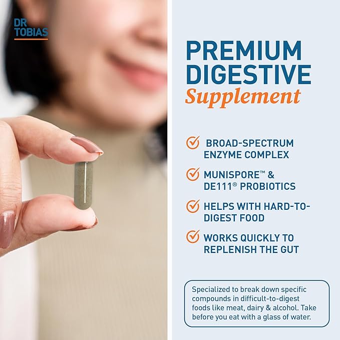 Dr. Tobias Digestive Enzymes with Probiotics, Prebiotics and Postbiotics Bromelain, Amylase, Lipase, for Better Digestion & Immune Function, 60 Capsules, 30 Servings (2 Daily)