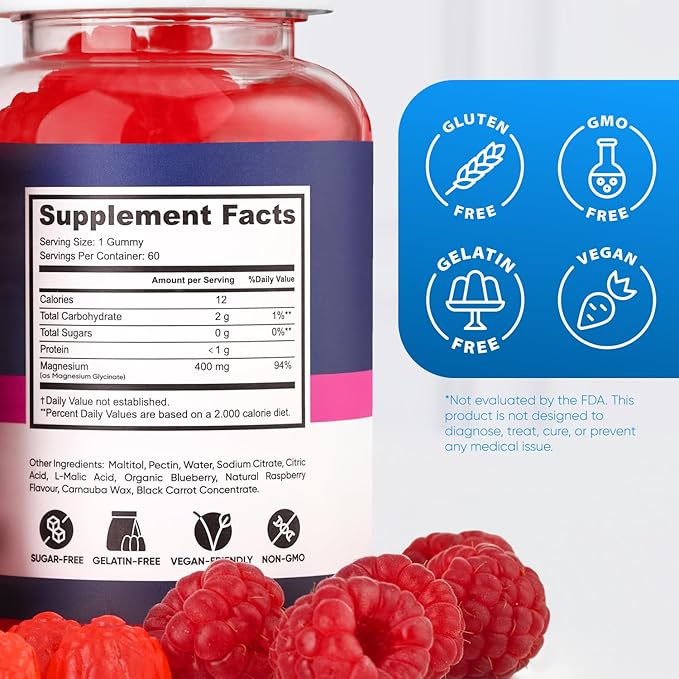 Magnesium Glycinate Gummies 400mg, High Absorption Magnesium Supplement for Women, Men and Kids, Muscle Support and Relaxation, Sugar Free, Vegan, 60 Days Supply
